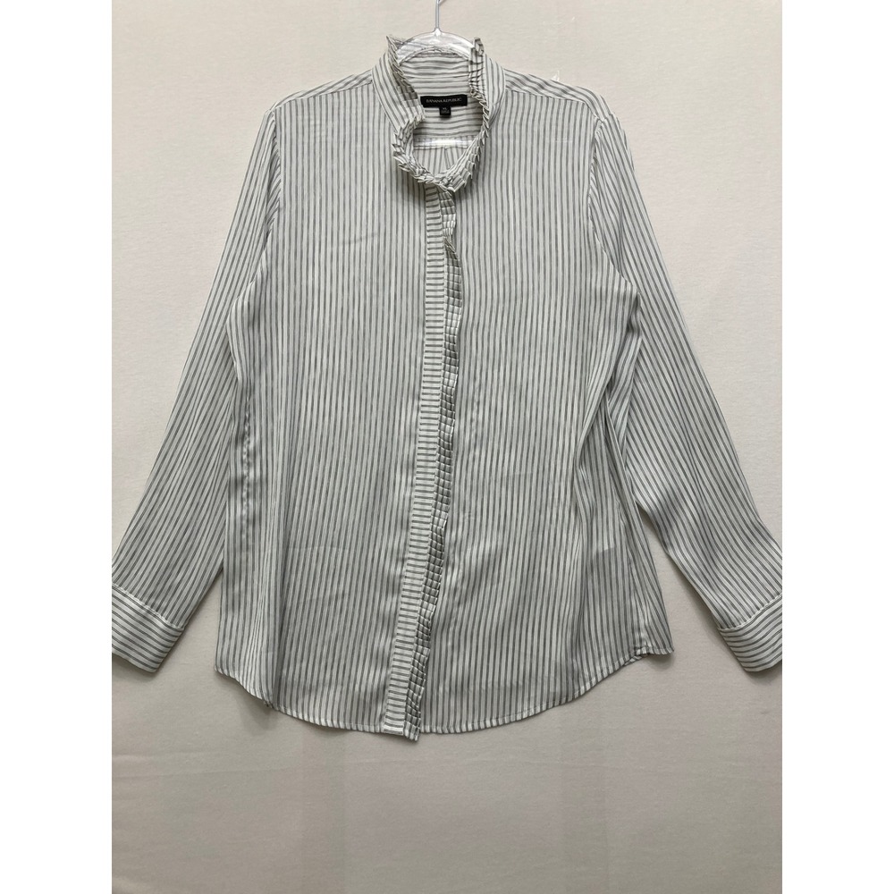 Banana Republic Shirt XL White Grey Striped Ruffle Neck Professional Office